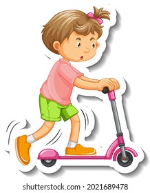 Sticker template with a girl playing scooter isolated illustration