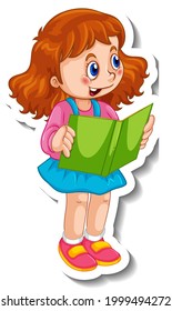 Sticker template with a girl reading a book isolated illustration