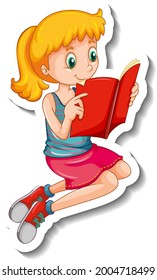 Sticker template with a girl reading a book isolated illustration