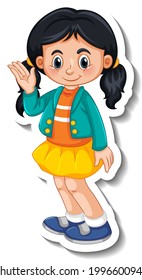 Plantilla de pegatina con una chica de pie posando personaje de caricatura ilustración aislada