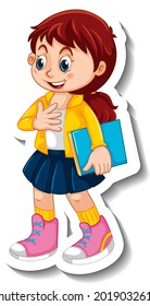 Plantilla de pegatina con una chica de pie posando personaje de caricatura ilustración aislada