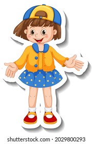 Sticker template with a girl in standing posing cartoon character isolated illustration
