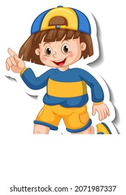 Sticker template with a girl in standing posing cartoon character isolated illustration