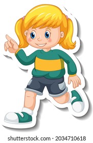 Sticker template with a girl in walking pose cartoon character isolated illustration