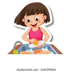 Sticker template with a girl washing dishes isolated illustration