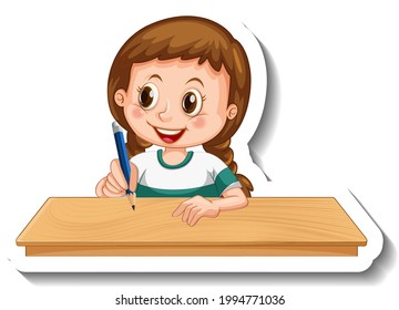 Sticker template with a girl writing on the table cartoon character isolated illustration