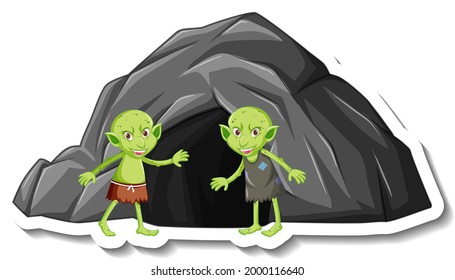 A sticker template with a green goblin or troll cartoon character and stone cave illustration