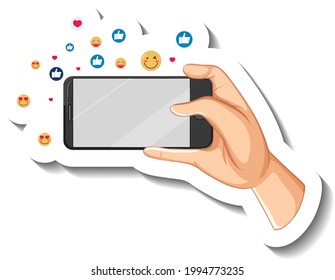 Una plantilla de pegatina con la mano sosteniendo un teléfono inteligente con la ilustración social del icono del emoji