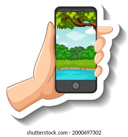 Una plantilla de pegatinas con la mano sujetando la ilustración de un teléfono inteligente