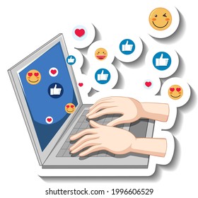 A sticker template with hands on laptop with social emoji icon illustration