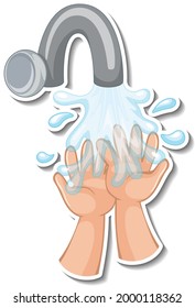 A sticker template of hands with water tap isolated illustration