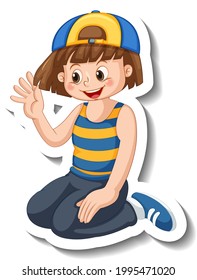 Sticker template with a happy girl wears cap cartoon character isolated illustration