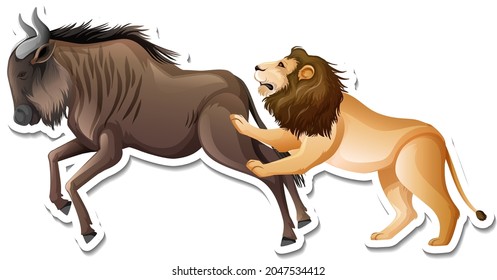 A sticker template of lion and wildebeest illustration