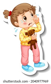 Sticker template with a little girl crying cartoon character isolated illustration