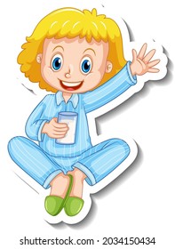 Sticker template with a little girl in pajamas costume isolated illustration