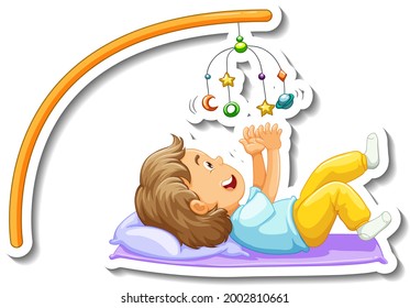 Sticker template with a little girl playing baby mobile isolated illustration
