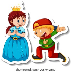 Sticker template with little princess and a boy cartoon character isolated illustration