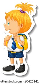 Sticker template with a little student girl cartoon character isolated illustration