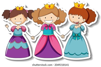 Sticker template with little three princesses cartoon character isolated illustration