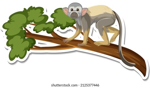 A sticker template of monkey cartoon character on tree branch illustration