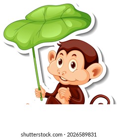 Plantilla de pegatinas con un mono sosteniendo una hoja en la ilustración de fondo blanco