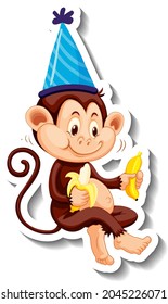 Una plantilla de pegatinas con una ilustración de un mono con sombrero de fiesta