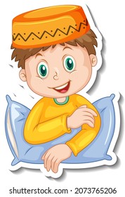 A sticker template with muslim boy hugs a pillow illustration