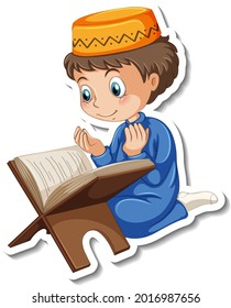 A sticker template with Muslim boy reading quran book illustration