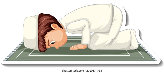 A sticker template with Muslim boy sitting on rug and praying illustration