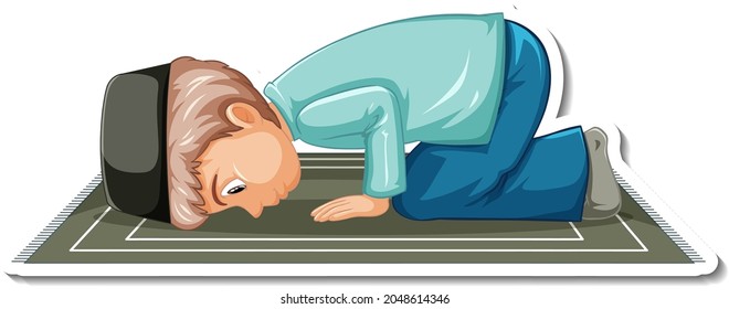 A sticker template with a muslim boy sitting and praying illustration