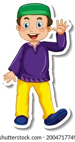 A sticker template with Muslim boy in standing pose cartoon character illustration