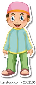 A sticker template with Muslim boy in standing pose cartoon character illustration