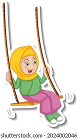 A sticker template with muslim girl playing swing cartoon character illustration