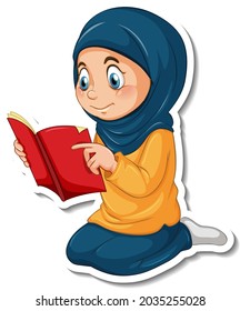 A sticker template with Muslim girl reading quran book illustration