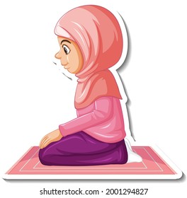 A sticker template with Muslim girl sitting on rug and praying illustration