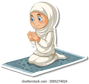 A Sticker Template With Muslim Girl Sitting And Praying  Illustration