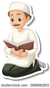 A sticker template with a muslim man reading quran book illustration