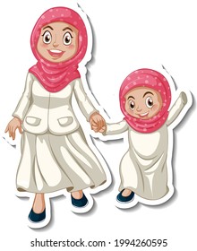 A sticker template with muslim people mother and daughter illustration