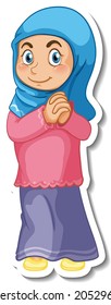 A sticker template with muslim woman cartoon character illustration