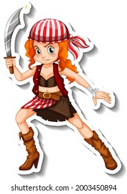 Sticker template with a pirate girl cartoon character isolated illustration