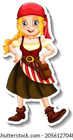 Sticker template with a pirate girl cartoon character isolated illustration