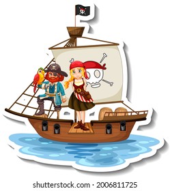 A sticker template with Pirates on the ship isolated illustration