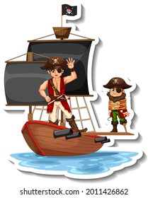 A sticker template with Pirates on the ship isolated illustration