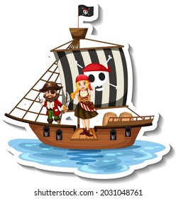 A sticker template with Pirates on the ship isolated illustration