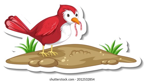 Plantilla de pegatinas con un gusano de comer de pájaro rojo en la ilustración de fondo blanco