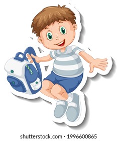 Sticker template with a student boy holding a backpack isolated illustration