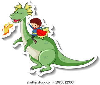 Sticker template with superhero boy riding a fantasy dragon cartoon character illustration