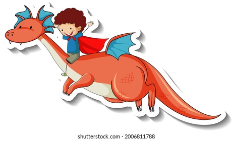 Sticker template with superhero boy riding a fantasy dragon illustration