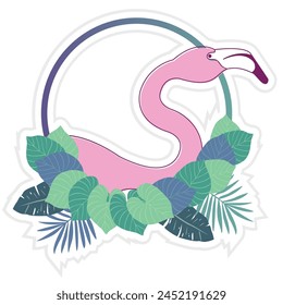 A sticker template with tropical composition. Leafy frame with a flamingo on a white background.