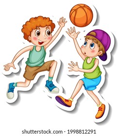 Sticker Template With Two Kids Playing Basketball Isolated Illustration